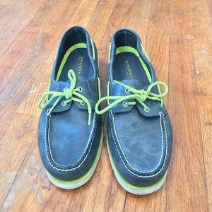 Navy blue and lime green sperry topsiders size 13